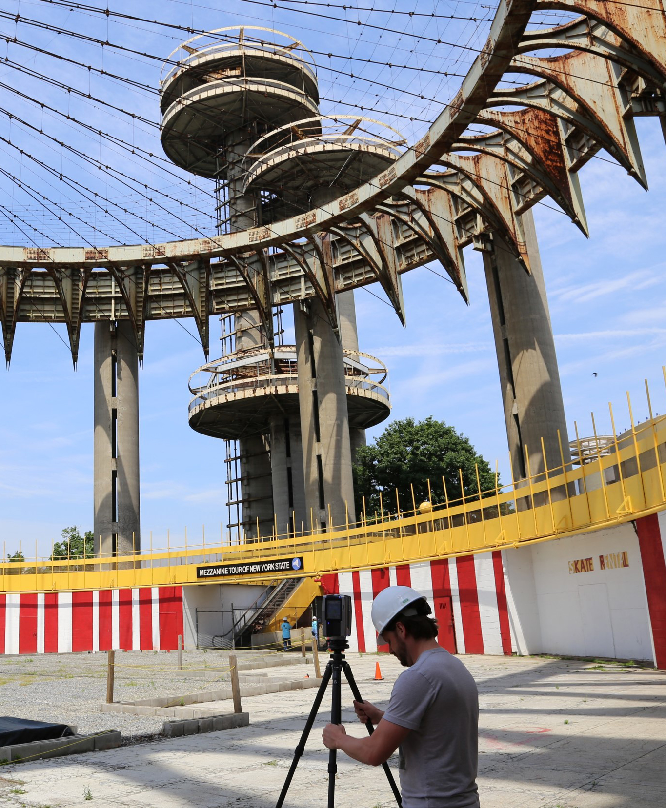 Alex Zelenin laser scans the Tent of Tomorrow, at Corona-Flushing Meadows Park.
